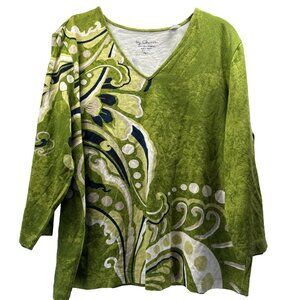 Chicos Women's Top Size XL Green Blue White 3/4 Sleeves V Neck Pullover Stretch